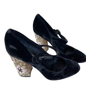 DOLCE & GABBANA Black Velvet Crystal Embellished Mary Jane Heels